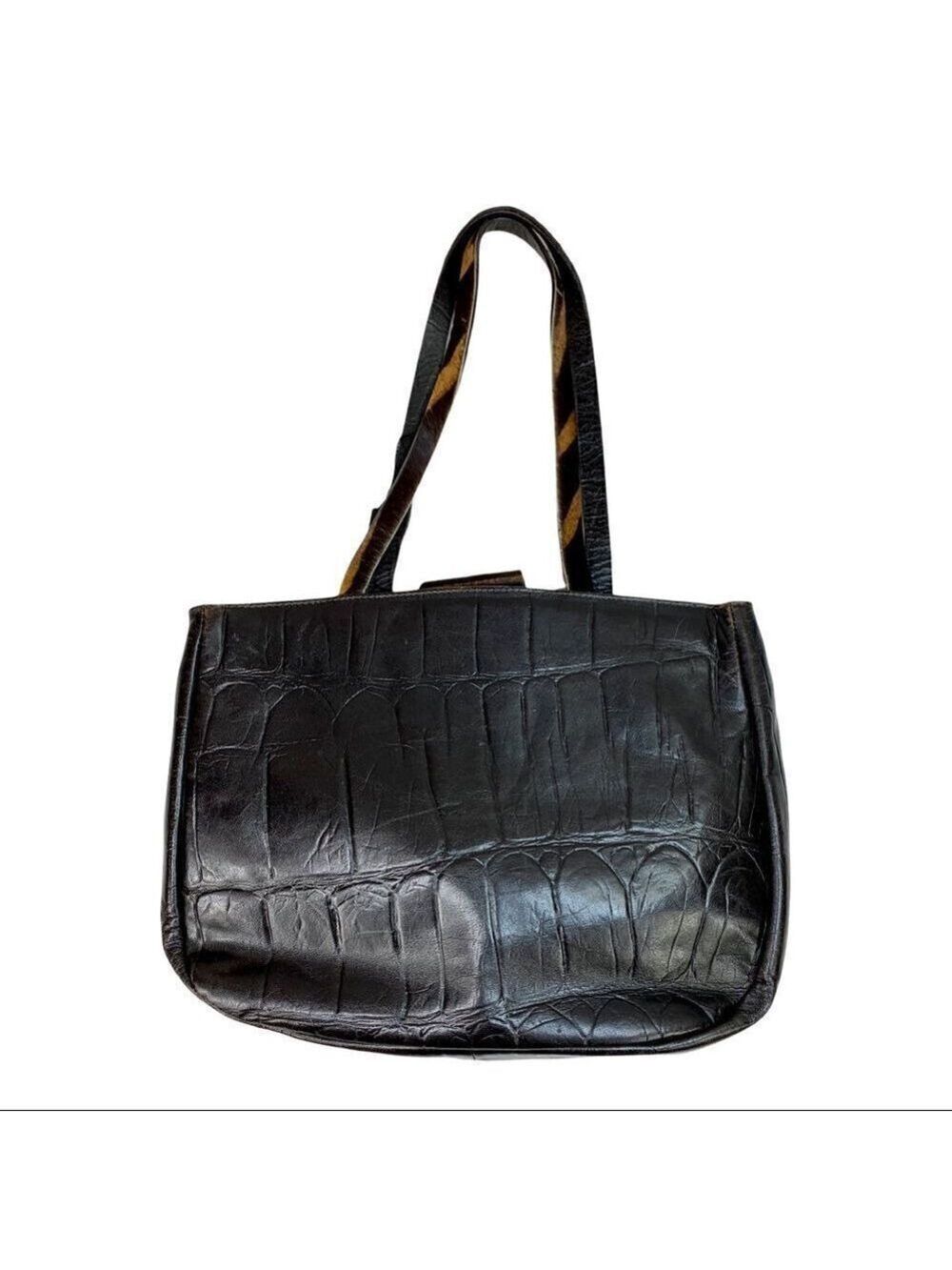 Falor Deep Brown Crocodile Embossed Leather Shoulder Bag Purse Calf Hair Strap